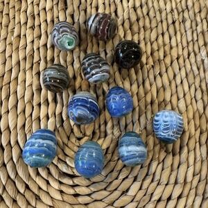 Vintage Egg Shaped Hand Made  Marbles Ribbon Design Large Marbles Lot Of 11